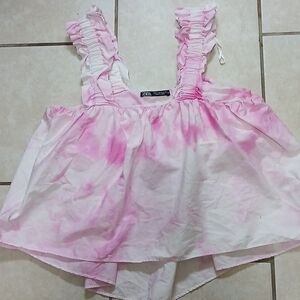 ZARA Womens Size M Pink and White Ruffled Semi Cropped Top